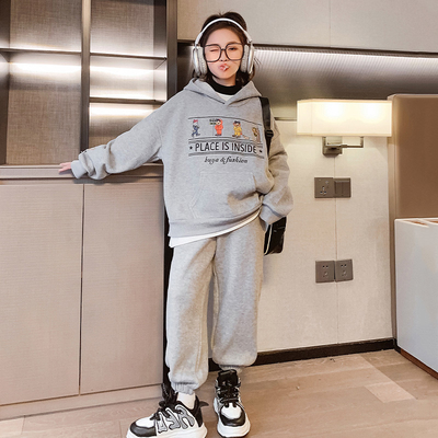 Fashion Girls Thickened Grey Embroidered Hoodie And Sweatpants Set