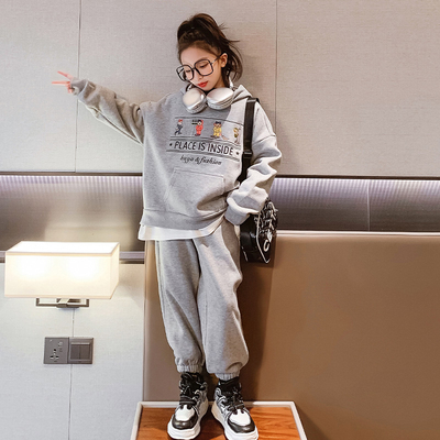 Fashion Girls Thickened Grey Embroidered Hoodie And Sweatpants Set