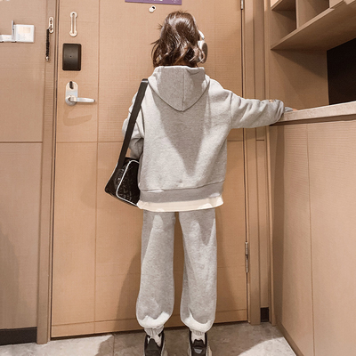Fashion Girls Thickened Grey Embroidered Hoodie And Sweatpants Set