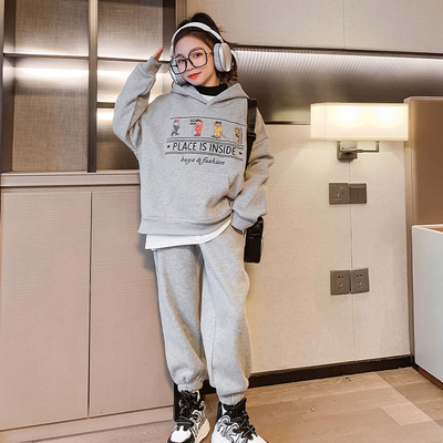 Fashion Girls Thickened Grey Embroidered Hoodie And Sweatpants Set