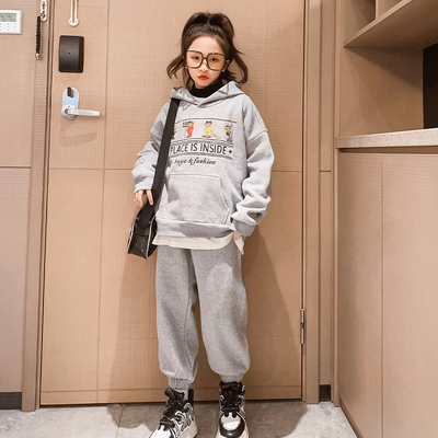 Grey Leisure Childrens Spring Clothes Hoodie Sweatpants Set Sizes 120-170