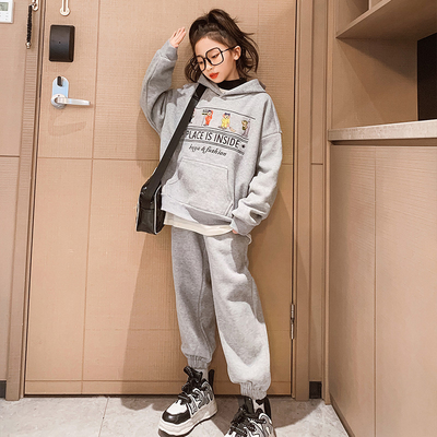 Grey Leisure Childrens Spring Clothes Hoodie Sweatpants Set Sizes 120-170