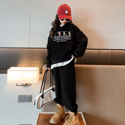 Thickened Inner Liner Fashion Childrens Clothes Black Hoodie And Jogger Set