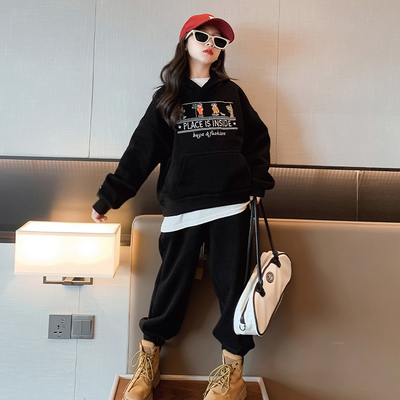 Thickened Inner Liner Fashion Childrens Clothes Black Hoodie And Jogger Set