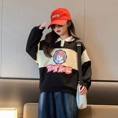 Aged 4-16 Fashion Childrens Clothes Wide Flat Lapel Girls Hoodie Tops