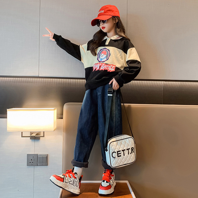 Girls' outfit Children's clothing matching color warm casual jumper cartoon printed hoodie Korean Edition two-piece set