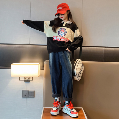 Girls' outfit Children's clothing matching color warm casual jumper cartoon printed hoodie Korean Edition two-piece set