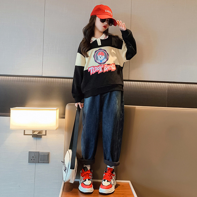 Girls' outfit Children's clothing matching color warm casual jumper cartoon printed hoodie Korean Edition two-piece set