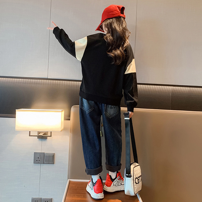 Girls Cartoon Printed Polo Collar Sweatshirt Two Piece Set Warm Casual Korean Edition