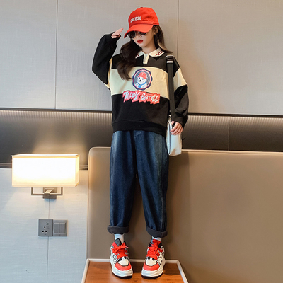 Girls Cartoon Printed Polo Collar Sweatshirt Two Piece Set Warm Casual Korean Edition