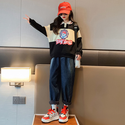 Girls Cartoon Printed Polo Collar Sweatshirt Two Piece Set Warm Casual Korean Edition