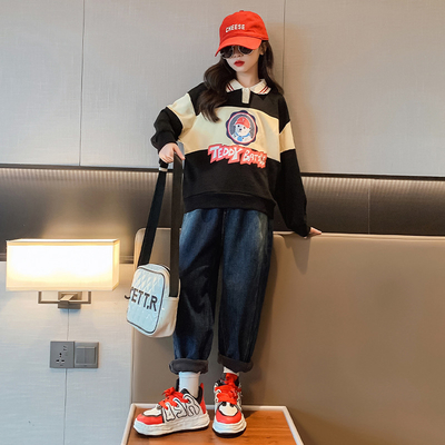 Girls Cartoon Printed Polo Collar Sweatshirt Two Piece Set Warm Casual Korean Edition