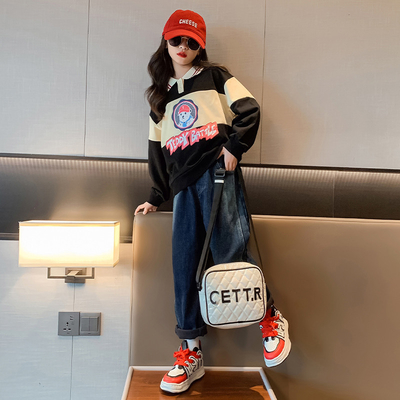 Girls Warm Casual polo collar jumper Cartoon Printed Hoodie Two Piece Set