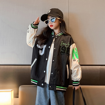 Splicing Printing Thick Patchwork Baseball Jacket Outerwear For Girls Ages 4-16
