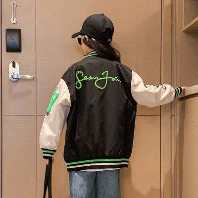 Girls Black And White Baseball Jacket Thick Patchwork Printed Sizes 120-170