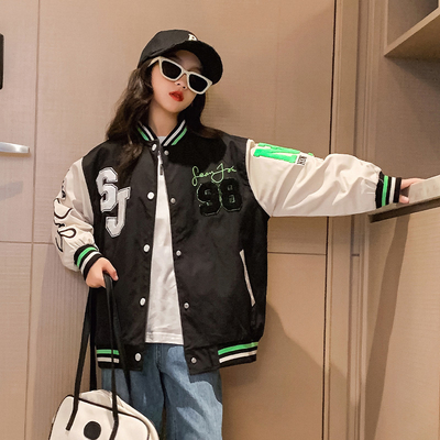 Girls Black And White Baseball Jacket Thick Patchwork Printed Sizes 120-170