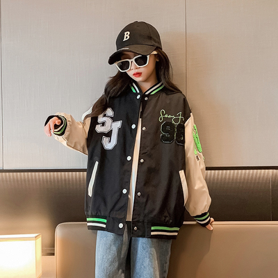Girls Black And White Baseball Jacket Thick Patchwork Printed Sizes 120-170