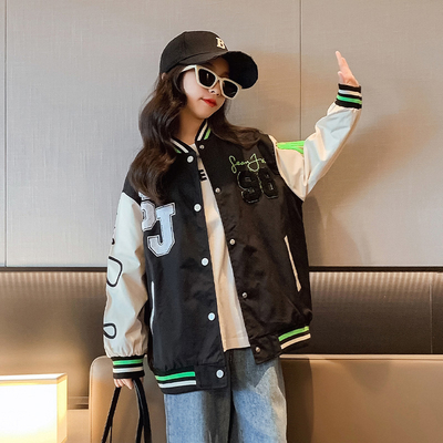 Girls Black And White Baseball Jacket Thick Patchwork Printed Sizes 120-170