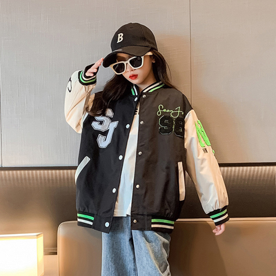 Girls Black And White Baseball Jacket Thick Patchwork Printed Sizes 120-170