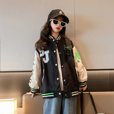 Girls Black And White Baseball Jacket Thick Patchwork Printed Sizes 120-170