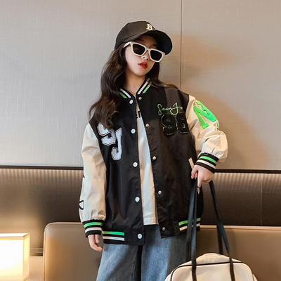 Aged 4-16 Childrens Spring Clothes Girls Patchwork Printed Baseball Jacket