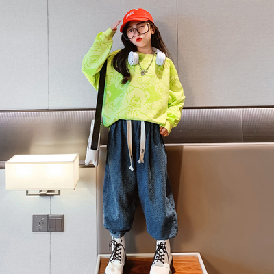 Spring and autumn print Bear sport jumper hoodie fluorescent green cartoon trend top girls Korean edition two-piece set