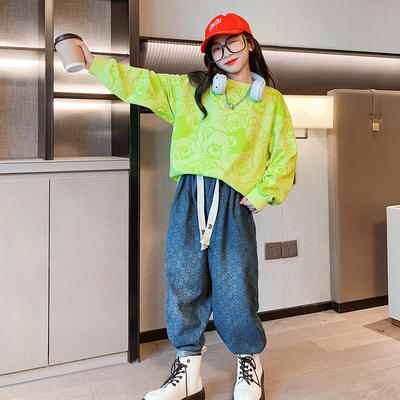 Spring and autumn print Bear sport jumper hoodie fluorescent green cartoon trend top girls Korean edition two-piece set