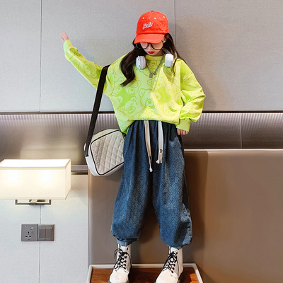 Spring and autumn print Bear sport jumper hoodie fluorescent green cartoon trend top girls Korean edition two-piece set