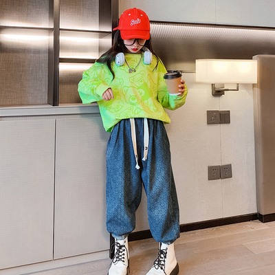 Spring and autumn print Bear sport jumper hoodie fluorescent green cartoon trend top girls Korean edition two-piece set