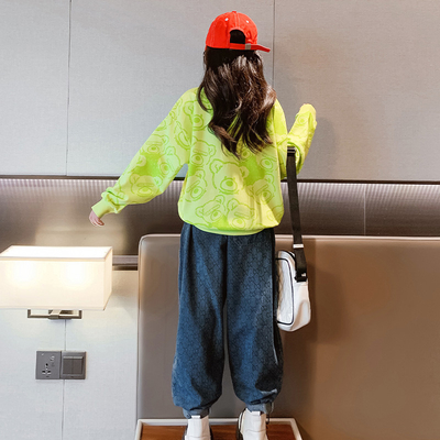 Fluorescent Green Long Sleeve Girls Top Two Piece Set 67% Cotton 33% Polyester