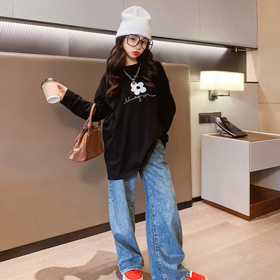 White Black Round Neck Teen Girls Sweatshirts Solid Color Oversized