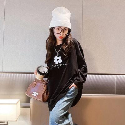 White Black Round Neck Teen Girls Sweatshirts Solid Color Oversized