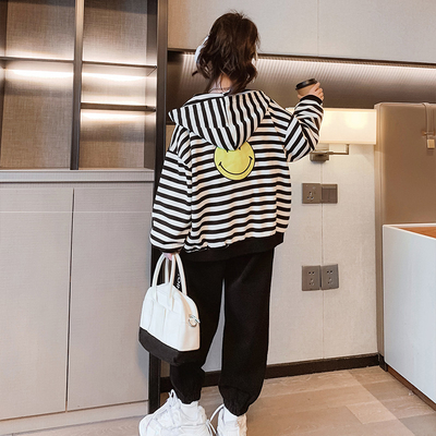 Striped Smiley Face Girls Zipper Hooded Coat