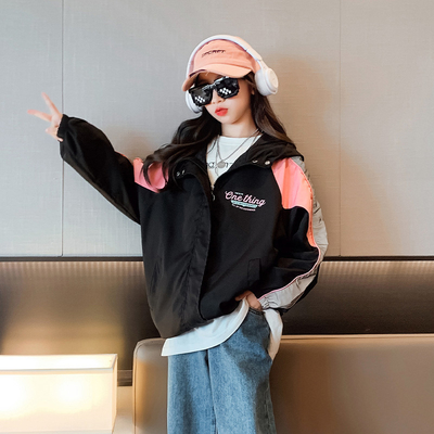 Spring Autumn Fashion Childrens Clothes Monogrammed Print Top Aged 4-16 Black Girls Coat