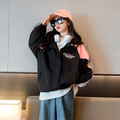 Spring Autumn Fashion Childrens Clothes Monogrammed Print Top Aged 4-16 Black Girls Coat