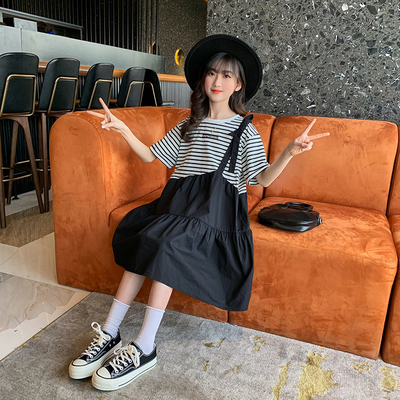 Short Sleeves Childrens Dress Clothes Striped Fake 2 Piece Dress