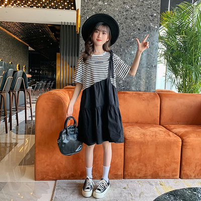 Short Sleeves Childrens Dress Clothes Striped Fake 2 Piece Dress