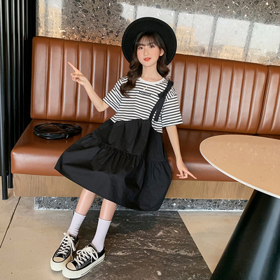 Short Sleeves Childrens Dress Clothes Striped Fake 2 Piece Dress
