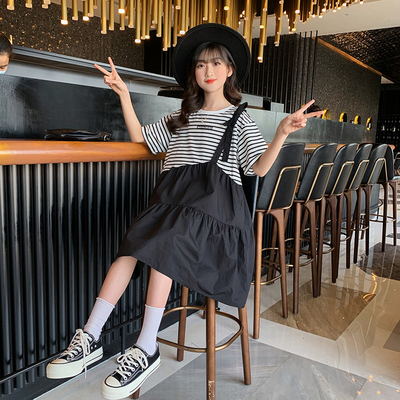 Short Sleeves Childrens Dress Clothes Striped Fake 2 Piece Dress