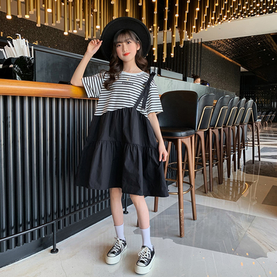 Short Sleeves Childrens Dress Clothes Striped Fake 2 Piece Dress