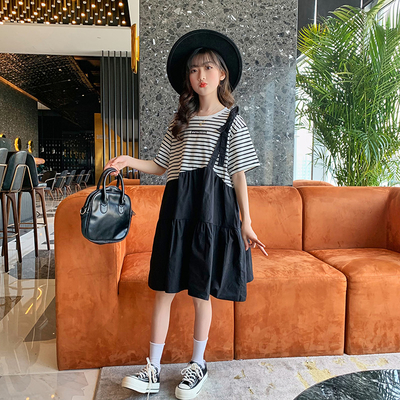 Short Sleeves Childrens Dress Clothes Striped Fake 2 Piece Dress