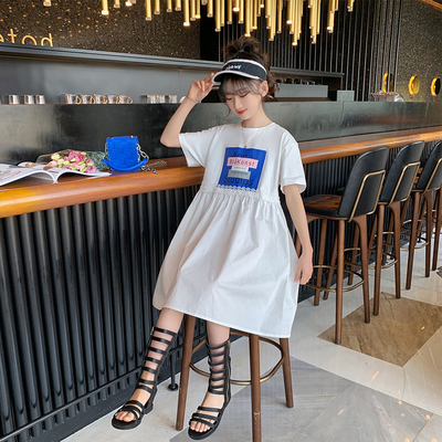 Pure Cotton Girl Summer Dress Korean Version Round Collar Big Children Princess Dress