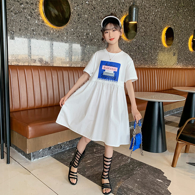 Pure Cotton Girl Summer Dress Korean Version Round Collar Big Children Princess Dress