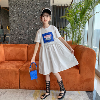 Pure Cotton Girl Summer Dress Korean Version Round Collar Big Children Princess Dress