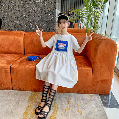 Pure Cotton Girl Summer Dress Korean Version Round Collar Big Children Princess Dress