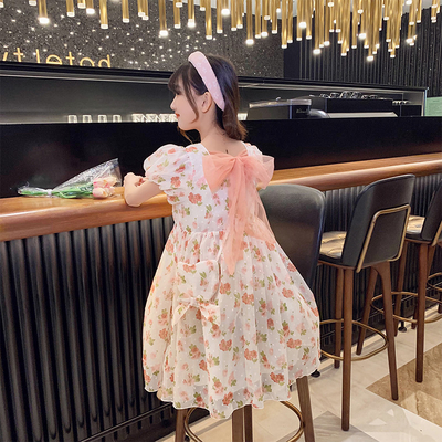 Girls Summer Floral Childrens Dress Clothes Pink Chiffon Korean Version
