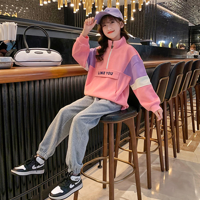 Multi Color Stand Up Collar Sweatshirt And Jogger Set Cartoon Pattern