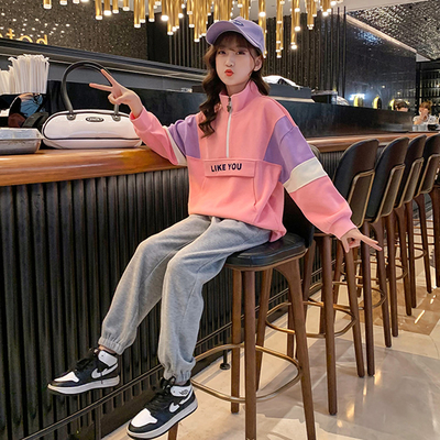 Multi Color Stand Up Collar Sweatshirt And Jogger Set Cartoon Pattern