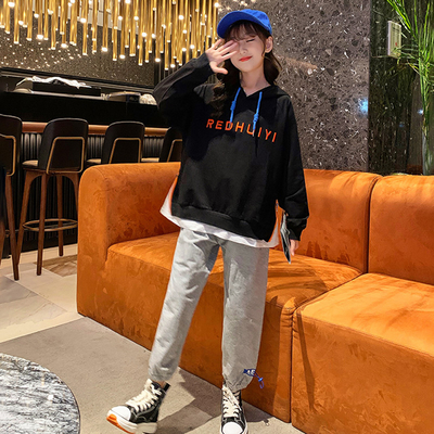 Long Sleeves Embroidered Hoodie Children Clothing Set Velvet Thickening