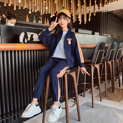 Autumn Winter Girls Sports Children Clothing Set Outfit Stand Collar Foreign Style